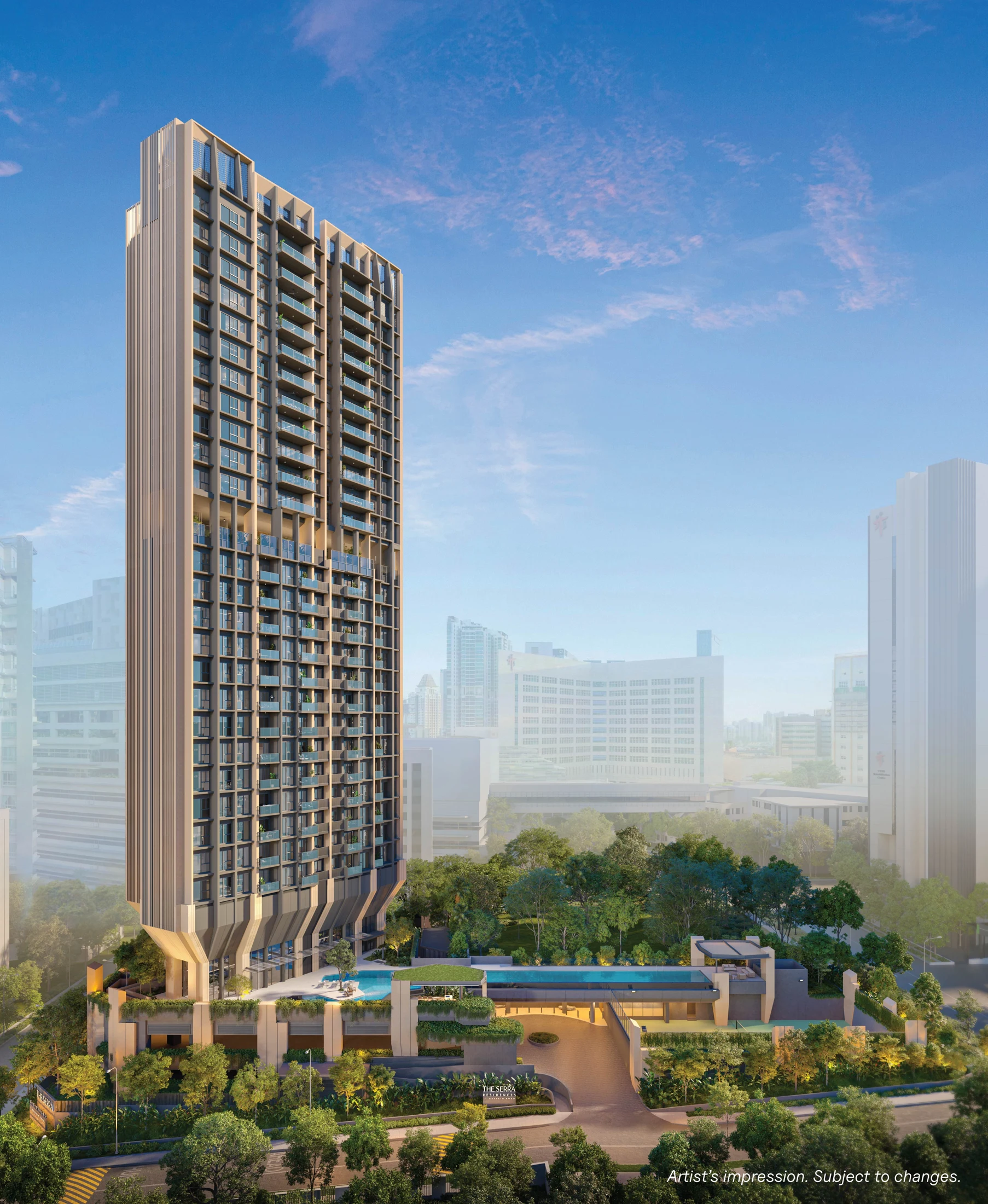 Artist’s impression of The Serra Residences tower and landscaped entrance
