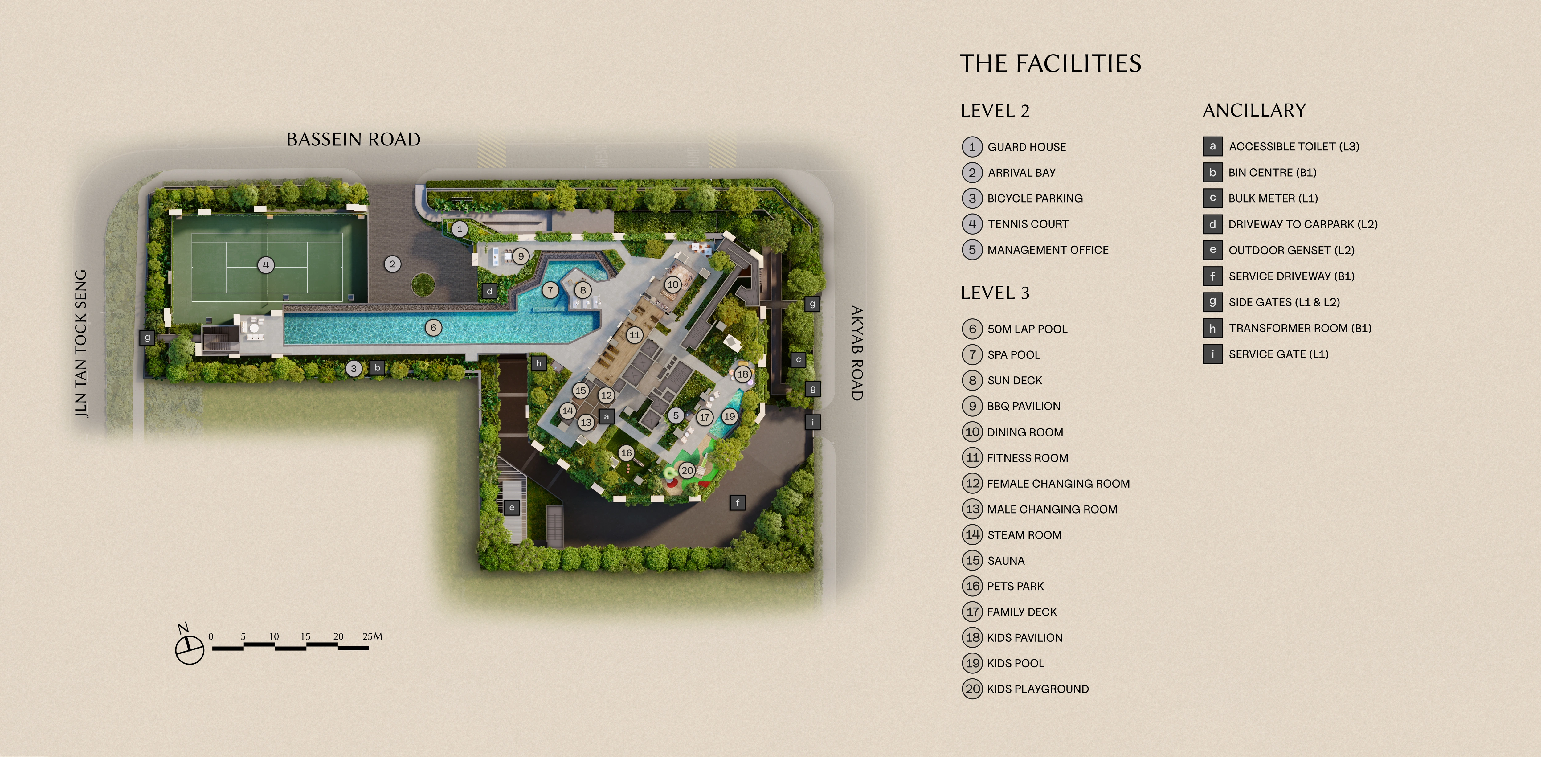 The Serra Residences facilities site plan, showing the Level 2 tennis court and arrival bay, and Level 3 pool, fitness and family facilities